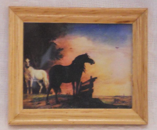 Bild mit Holzrahmen, Motiv: 2 Pferde (schwarz+weiß)